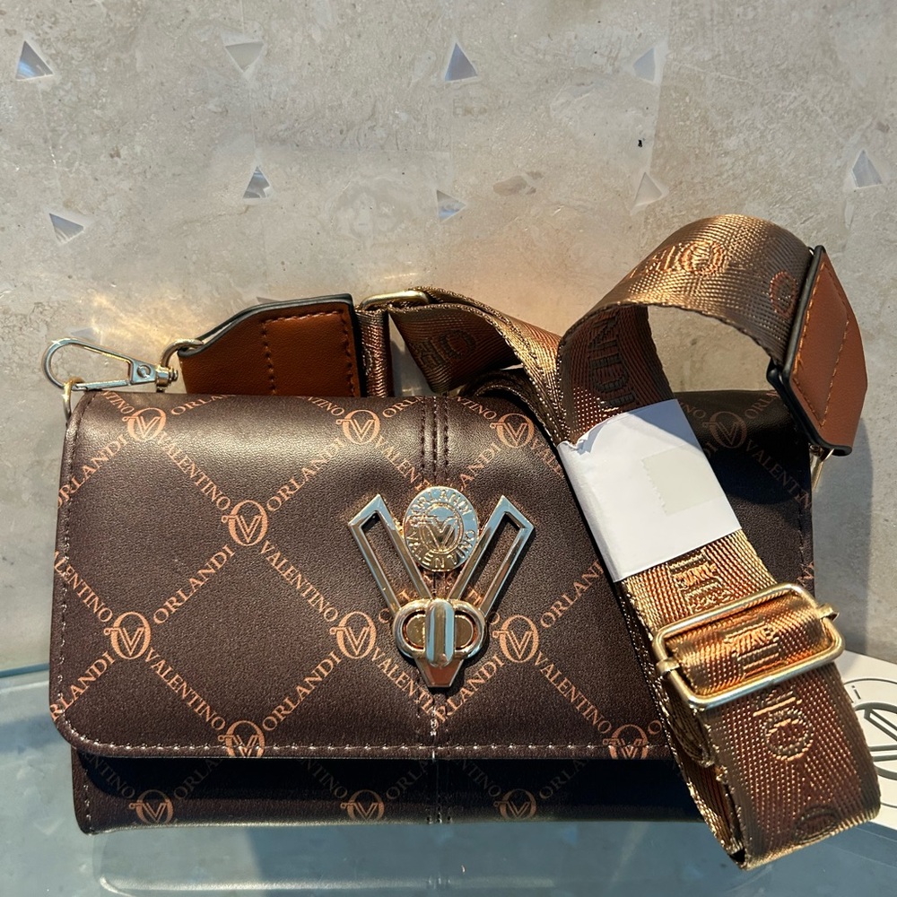 Valentino Dark Brown and Gold Logo Clutch